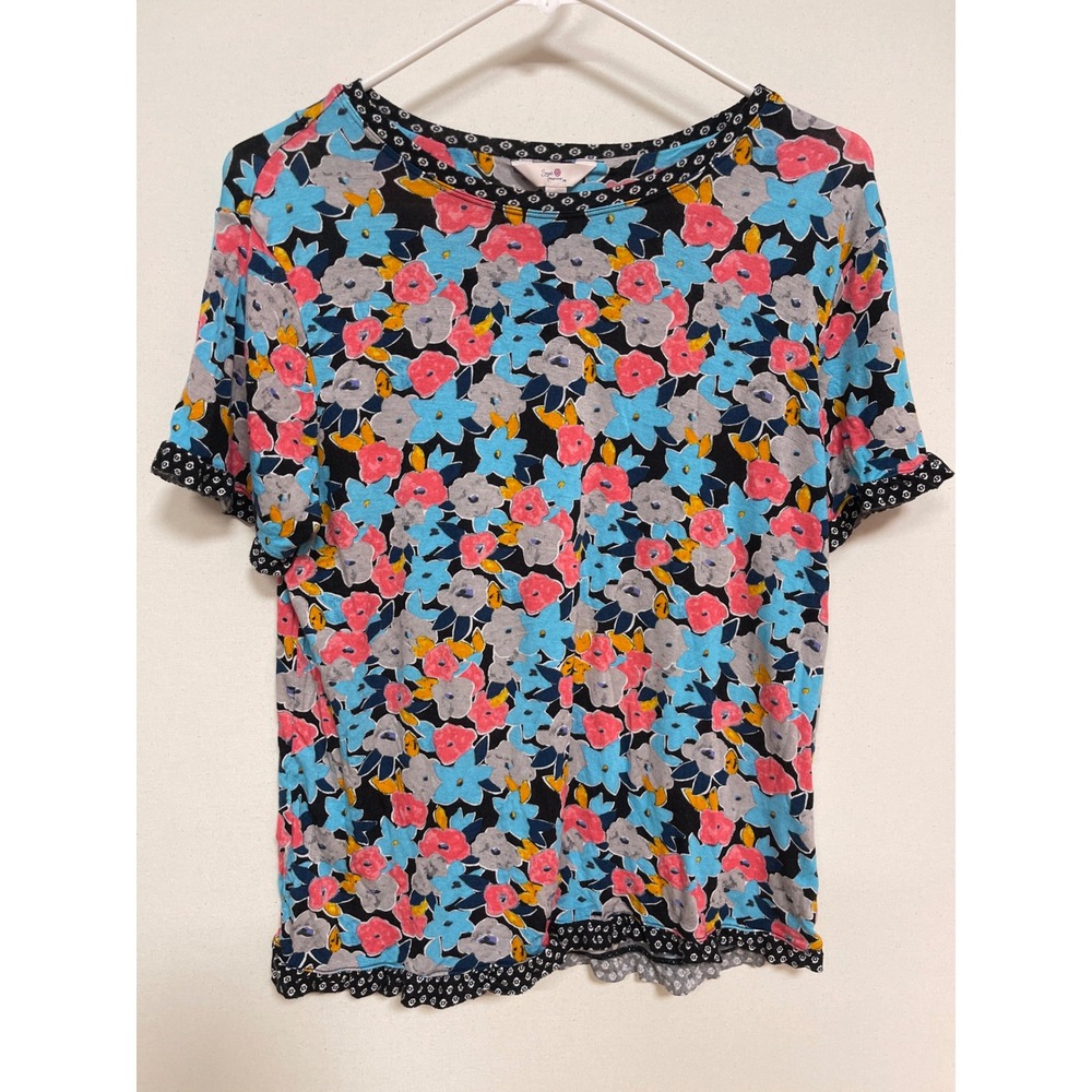 Secret Treasures Floral Pajama Top Short Sleeve Ruffle Trim Multi Color Size M